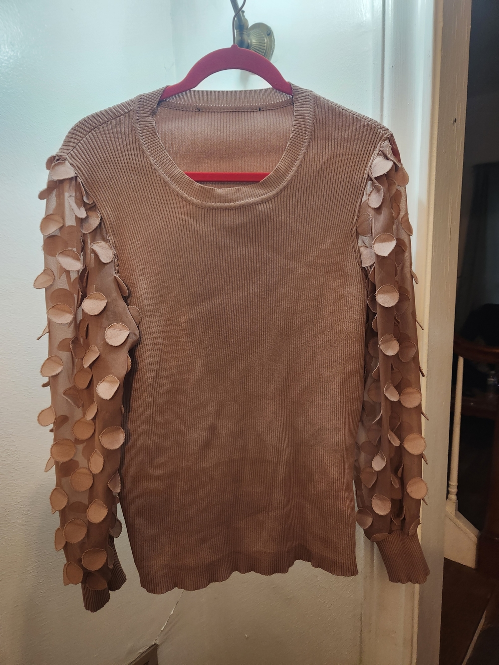 Taupe Women’s Ribbed Crewneck Sweater with Decorative Sleeve Detail